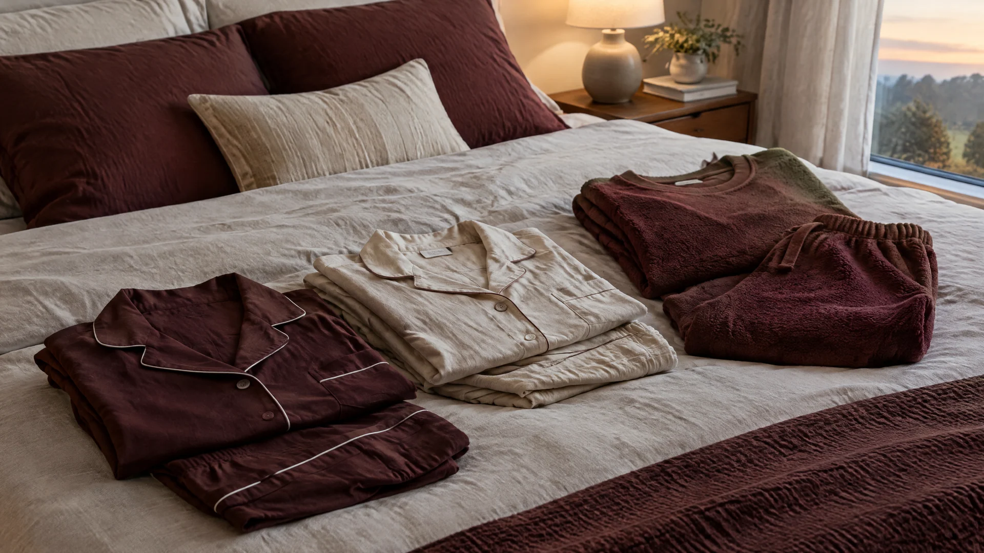 Folded burgundy and cream pajama sets and a burgundy lounge set on a made bed
