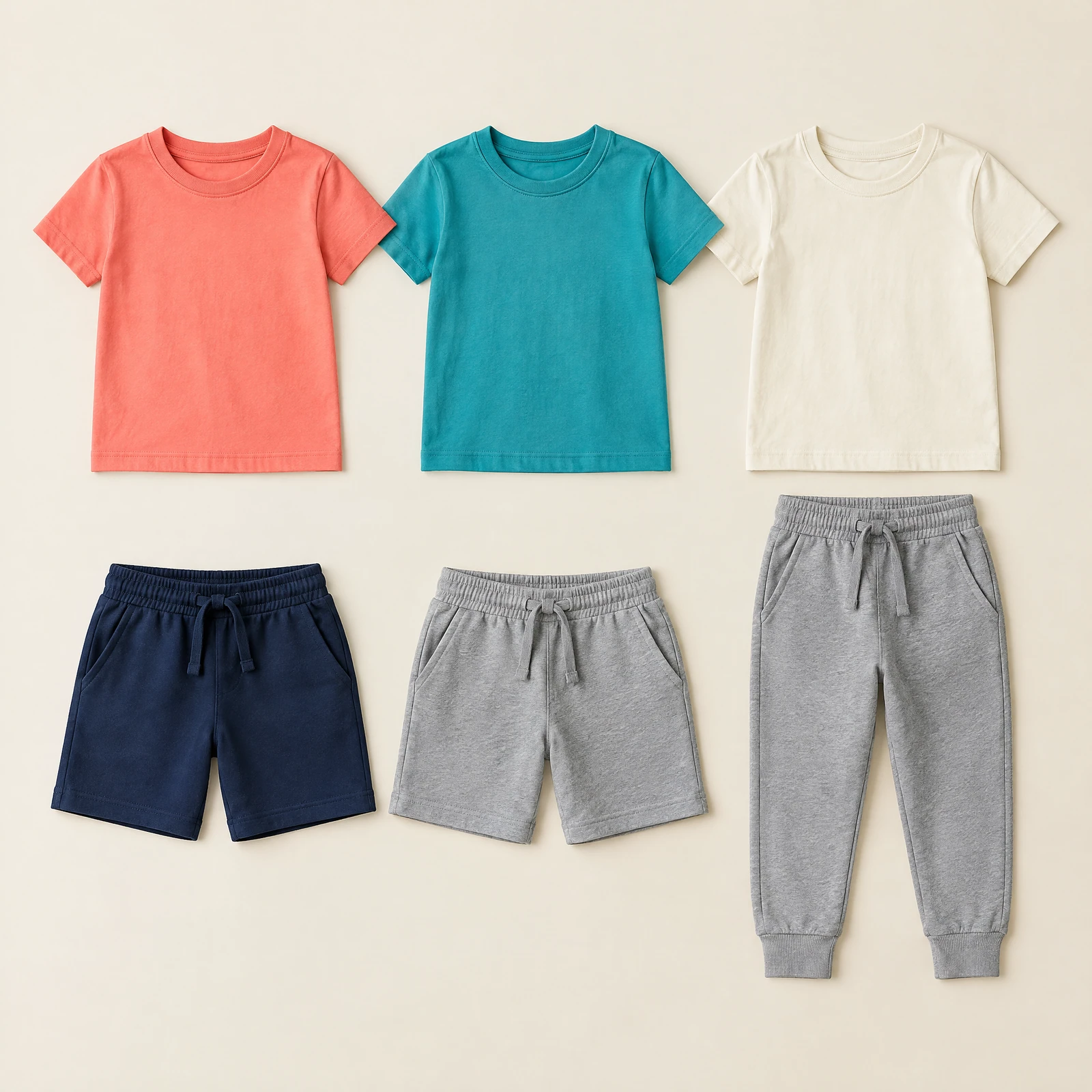 Coral, teal and cream kids' tees with navy and grey shorts and grey joggers laid flat
