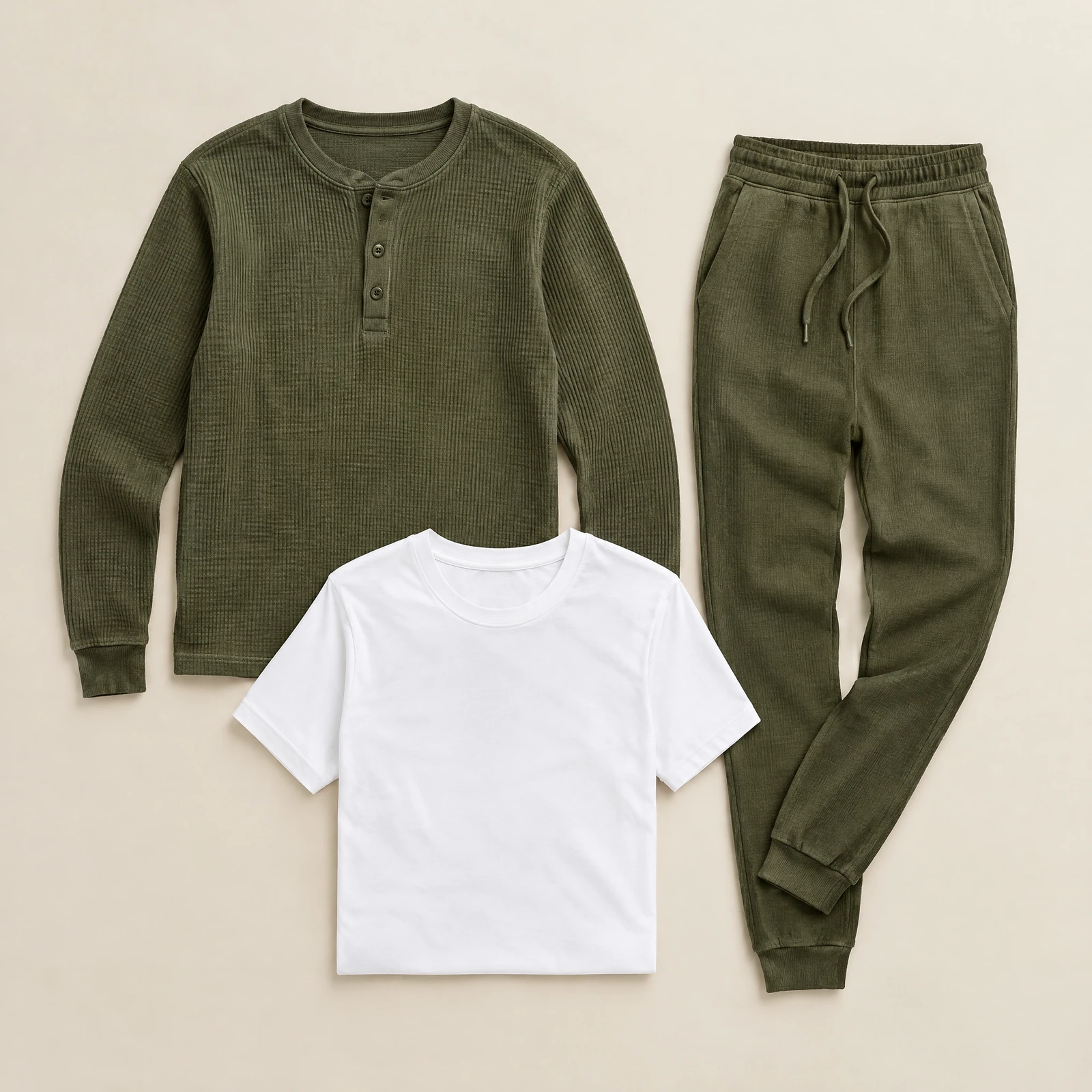 Olive waffle-textured men's henley, white crew neck tee and olive jogger pants laid flat