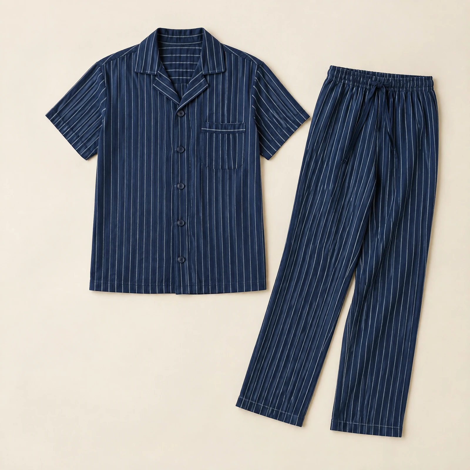Navy striped men's button-front pajama top and matching long pants laid flat