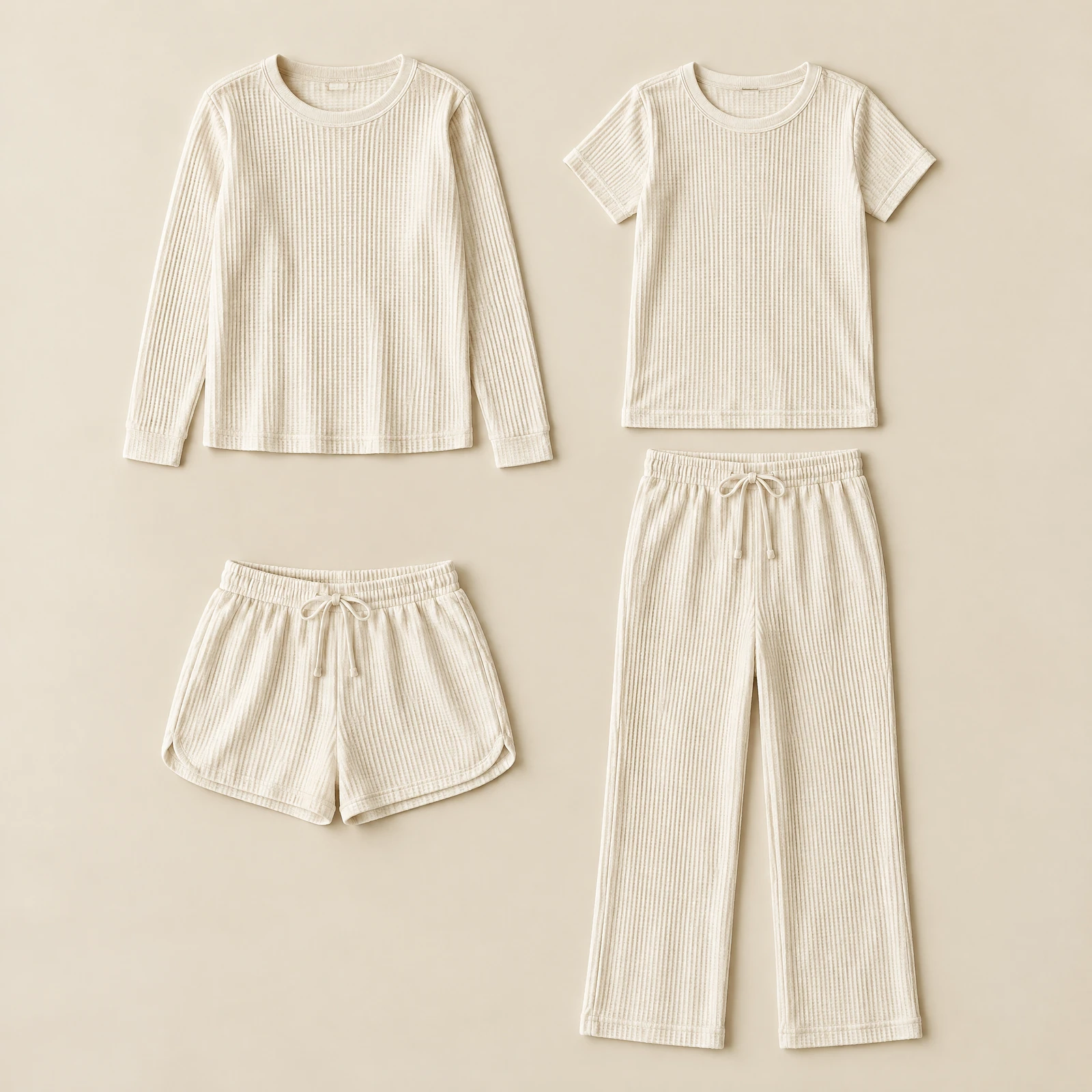 Cream women's waffle-textured long-sleeve top, short-sleeve top, shorts and pants laid flat