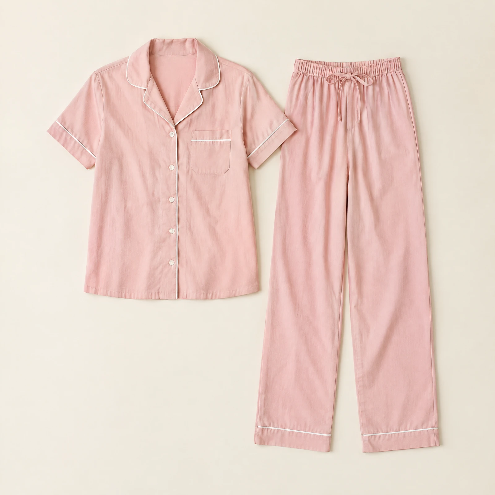 Blush pink women's button-front pajama top and matching long pants with white piping laid flat