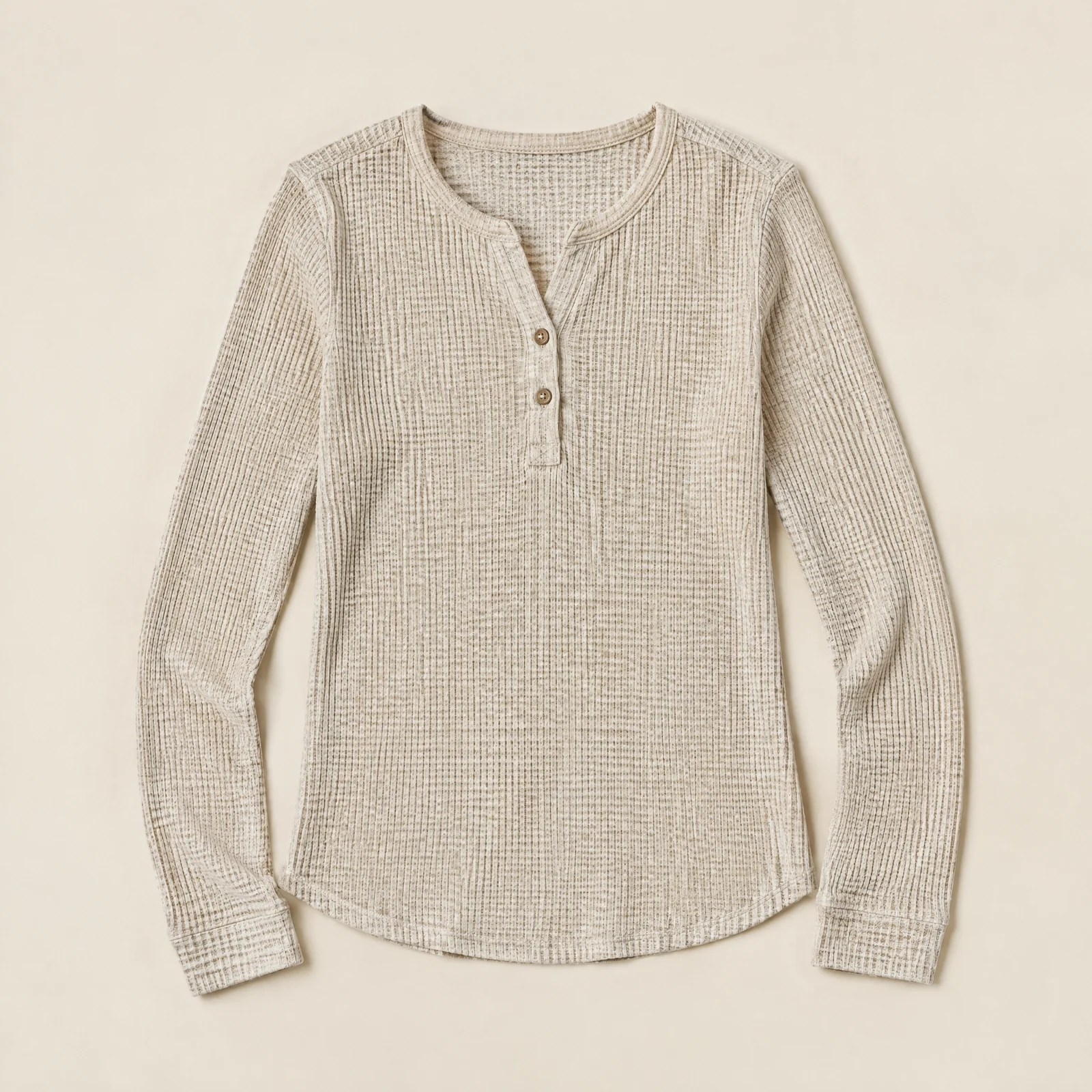 Oatmeal beige women's long-sleeve waffle henley with button placket laid flat